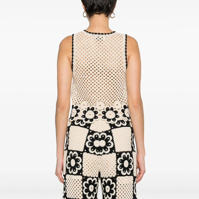 customized Crochet Floral Two-Piece Set with Wide-Leg Pants