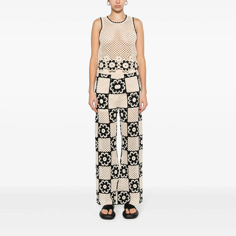 customized Crochet Floral Two-Piece Set with Wide-Leg Pants