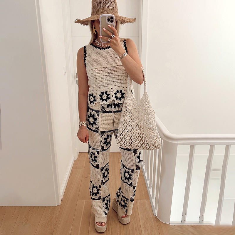 customized Crochet Floral Two-Piece Set with Wide-Leg Pants