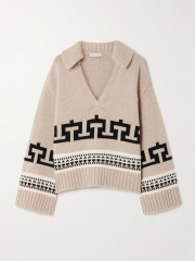 OEM ODM Women’s Geometric Jacquard Knit V-Neck Sweater with Collar