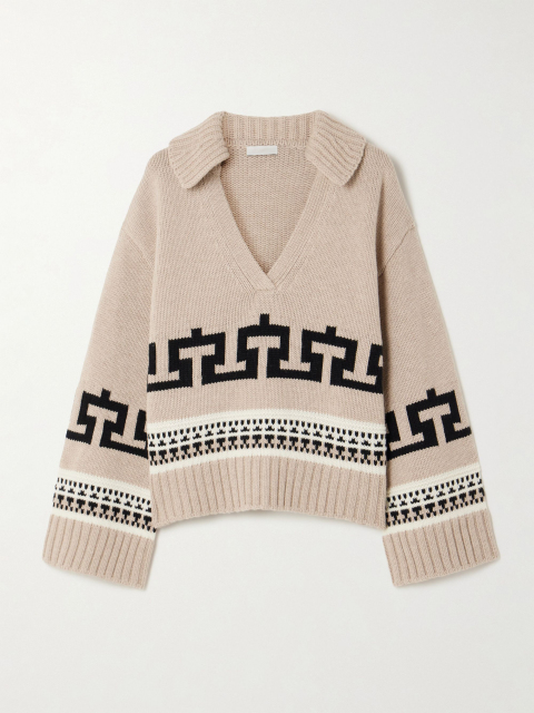 OEM ODM Women’s Geometric Jacquard Knit V-Neck Sweater with Collar