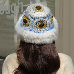Customized Handmade Crochet Sunflower Bucket Hat with Faux Fur Trim