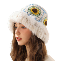 Customized Handmade Crochet Sunflower Bucket Hat with Faux Fur Trim