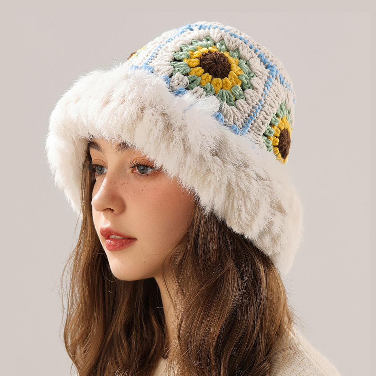 Customized Handmade Crochet Sunflower Bucket Hat with Faux Fur Trim