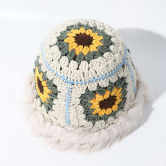 Customized Handmade Crochet Sunflower Bucket Hat with Faux Fur Trim