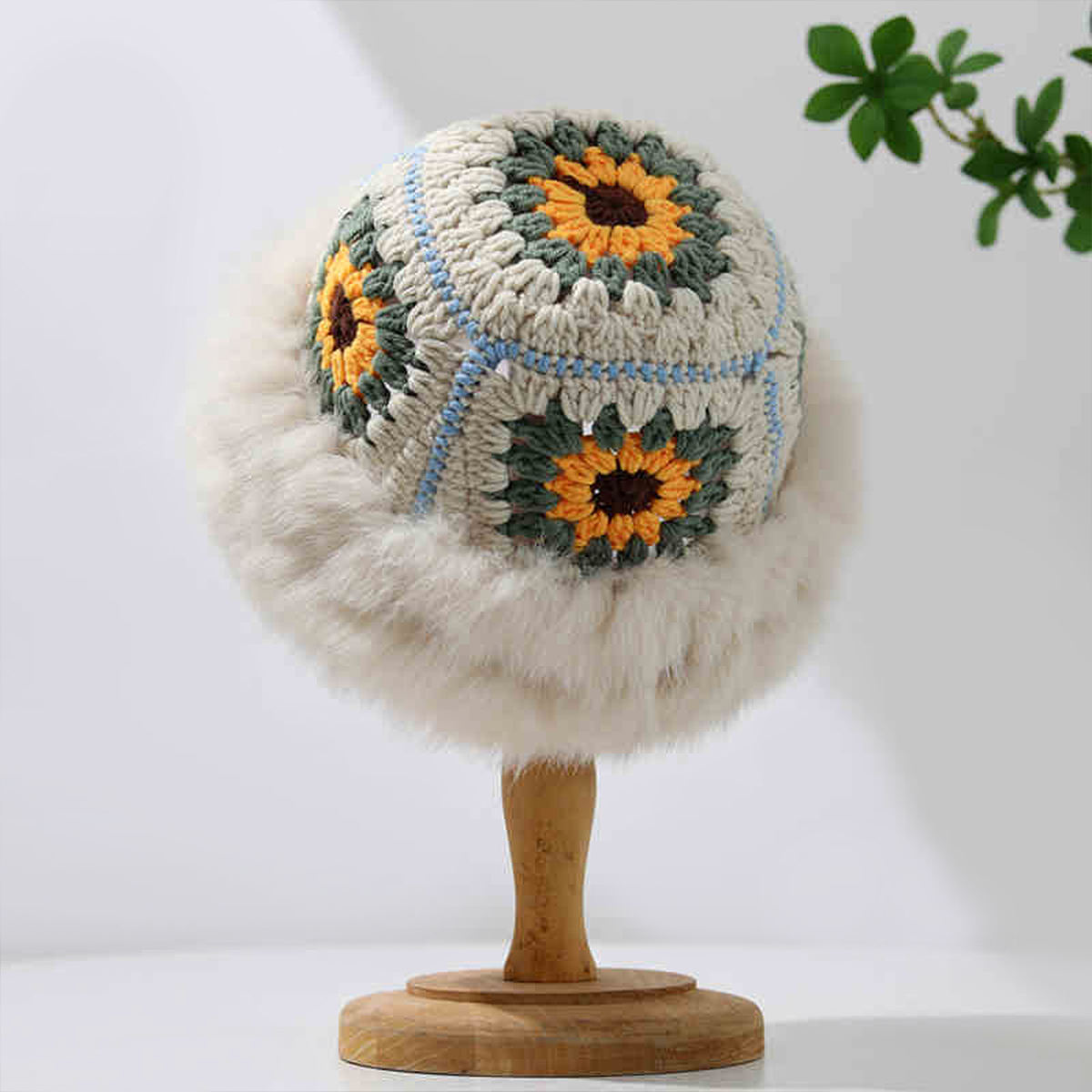 Customized Handmade Crochet Sunflower Bucket Hat with Faux Fur Trim
