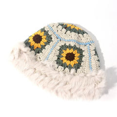 Customized Handmade Crochet Sunflower Bucket Hat with Faux Fur Trim