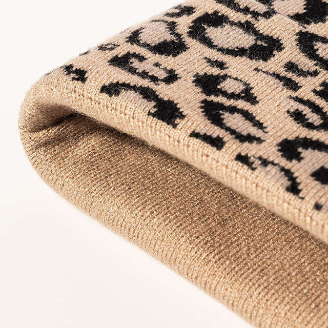 Wholesale Women’s Leopard-Print Knit Beanie Hat – Winter Warm Fold-Over Cuffed Cap
