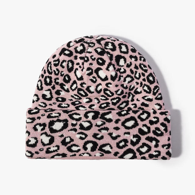 Wholesale Women’s Leopard-Print Knit Beanie Hat – Winter Warm Fold-Over Cuffed Cap