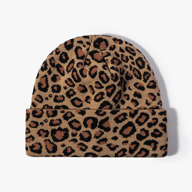 Wholesale Women’s Leopard-Print Knit Beanie Hat – Winter Warm Fold-Over Cuffed Cap