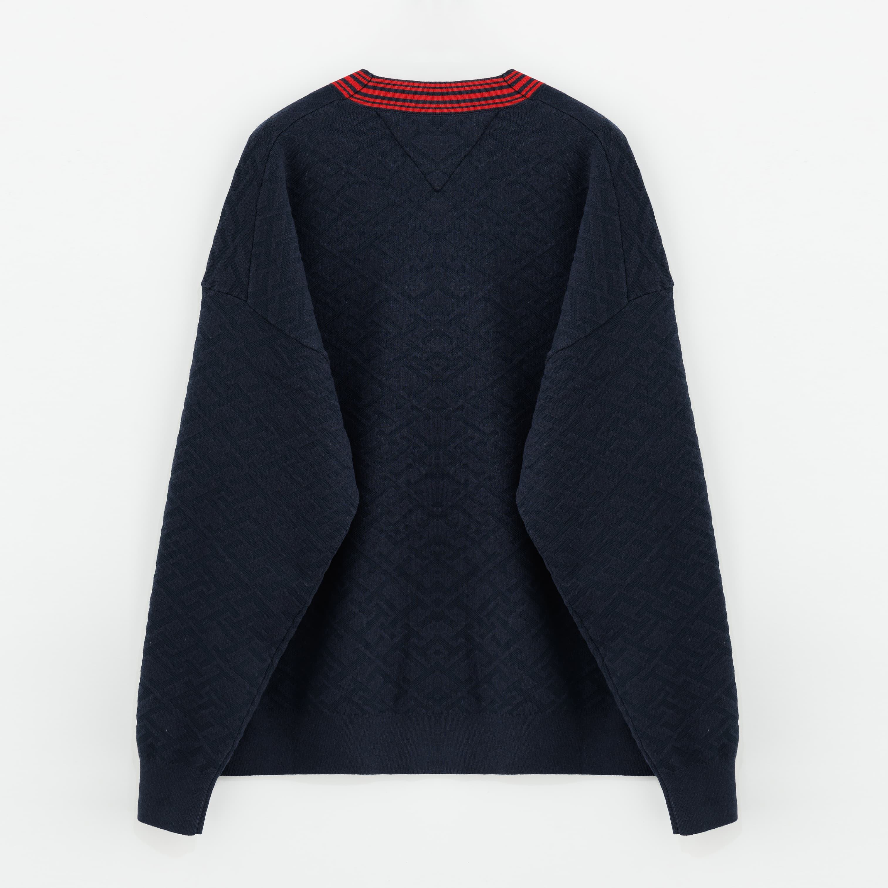Men’s Navy Knit Cardigan with Red Trim and Embroidered “H” Patch