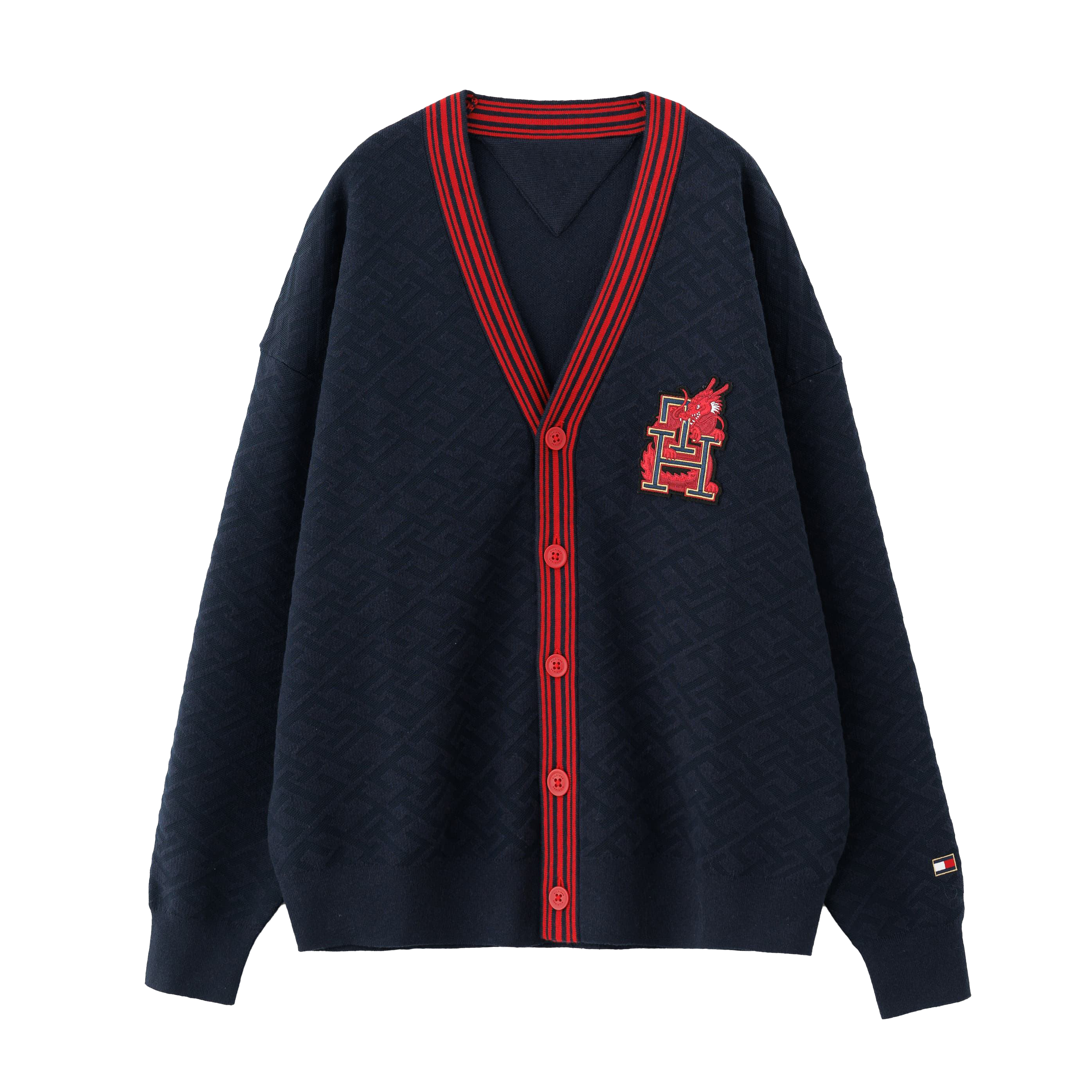 Men’s Navy Knit Cardigan with Red Trim and Embroidered “H” Patch