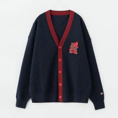 Men’s Navy Knit Cardigan with Red Trim and Embroidered “H” Patch