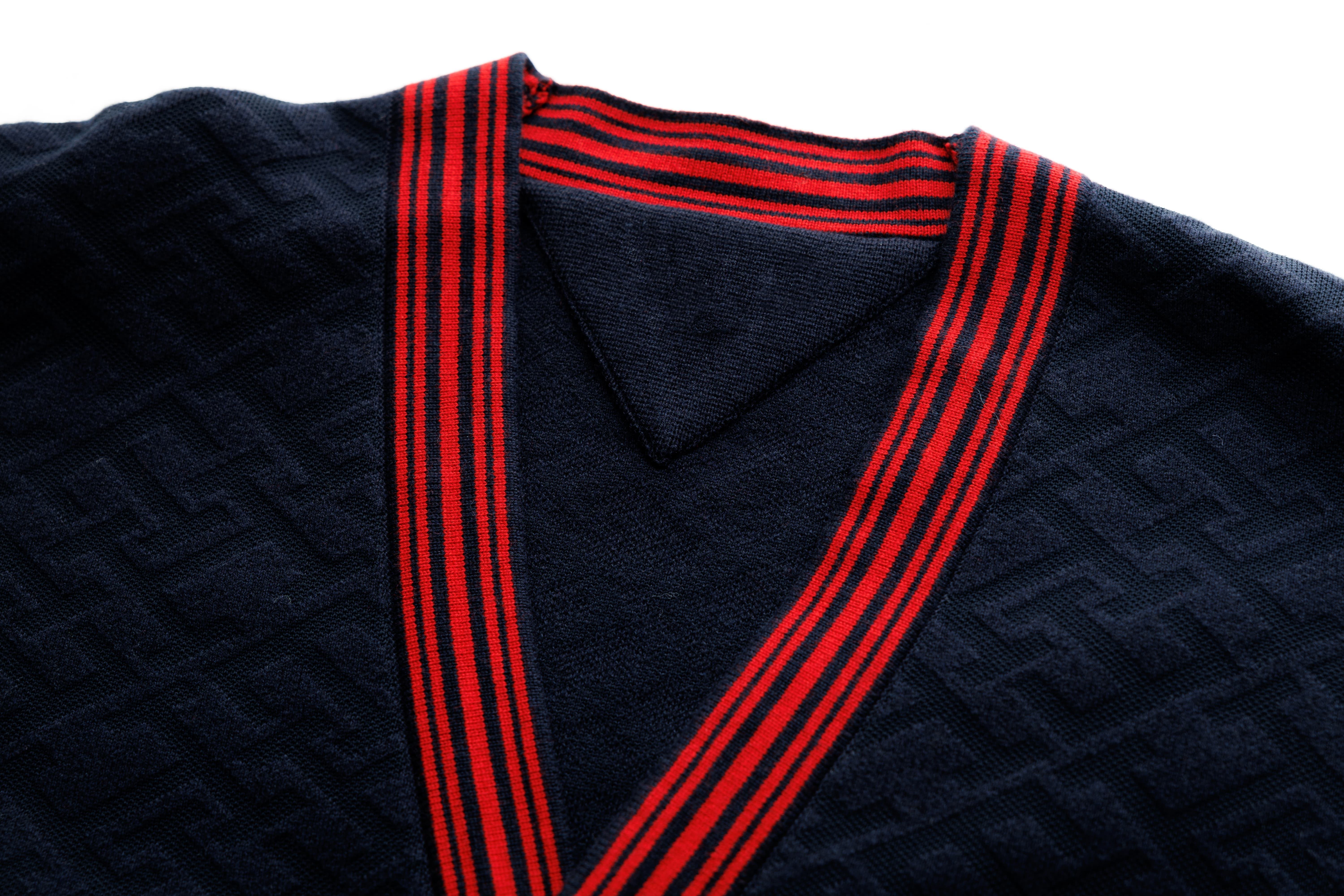 Men’s Navy Knit Cardigan with Red Trim and Embroidered “H” Patch