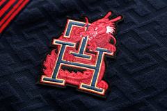 Men’s Navy Knit Cardigan with Red Trim and Embroidered “H” Patch
