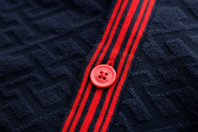 Men’s Navy Knit Cardigan with Red Trim and Embroidered “H” Patch