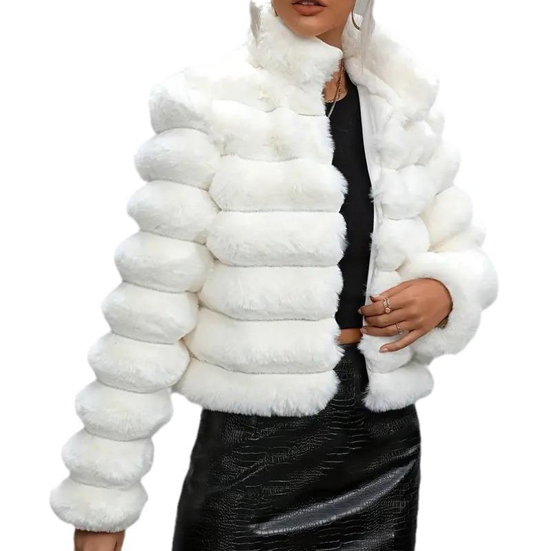 Women’s White Faux Fur Puffer Jacket – Cropped Winter Plush Coat