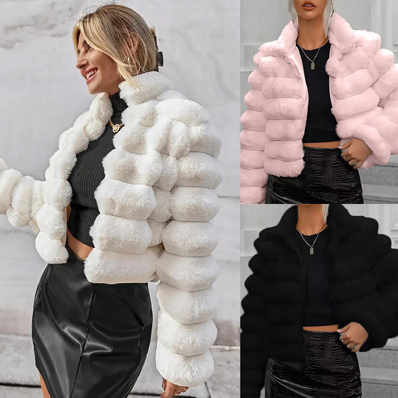 Women’s White Faux Fur Puffer Jacket – Cropped Winter Plush Coat