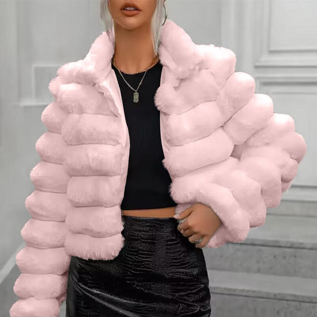 Women’s White Faux Fur Puffer Jacket – Cropped Winter Plush Coat