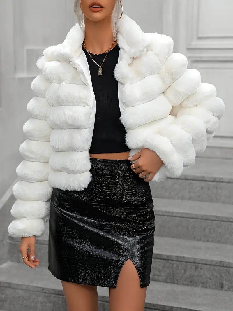 Women’s White Faux Fur Puffer Jacket – Cropped Winter Plush Coat