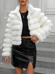 Women’s White Faux Fur Puffer Jacket – Cropped Winter Plush Coat