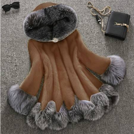 Women’s Luxury Faux Fur Hooded Coat – Flared Winter Cape Jacket with