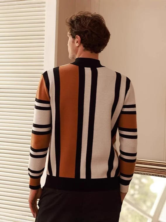 OEM ODM Men’s Geometric Color-Block Mock Neck Sweater