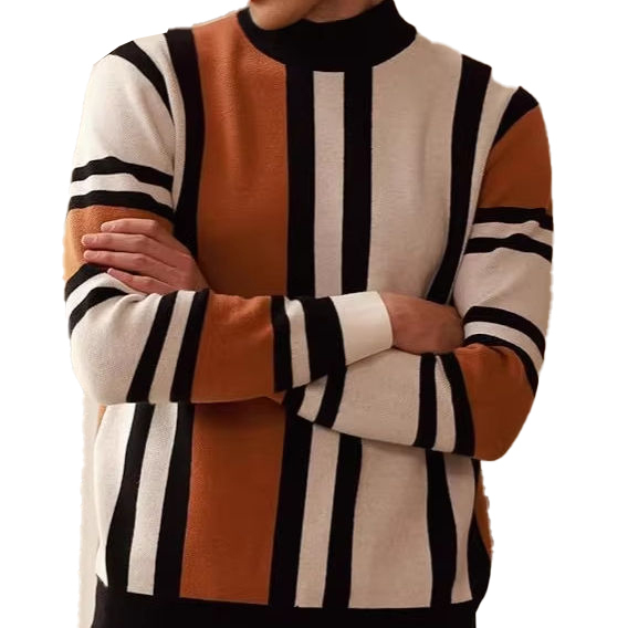 OEM ODM Men’s Geometric Color-Block Mock Neck Sweater