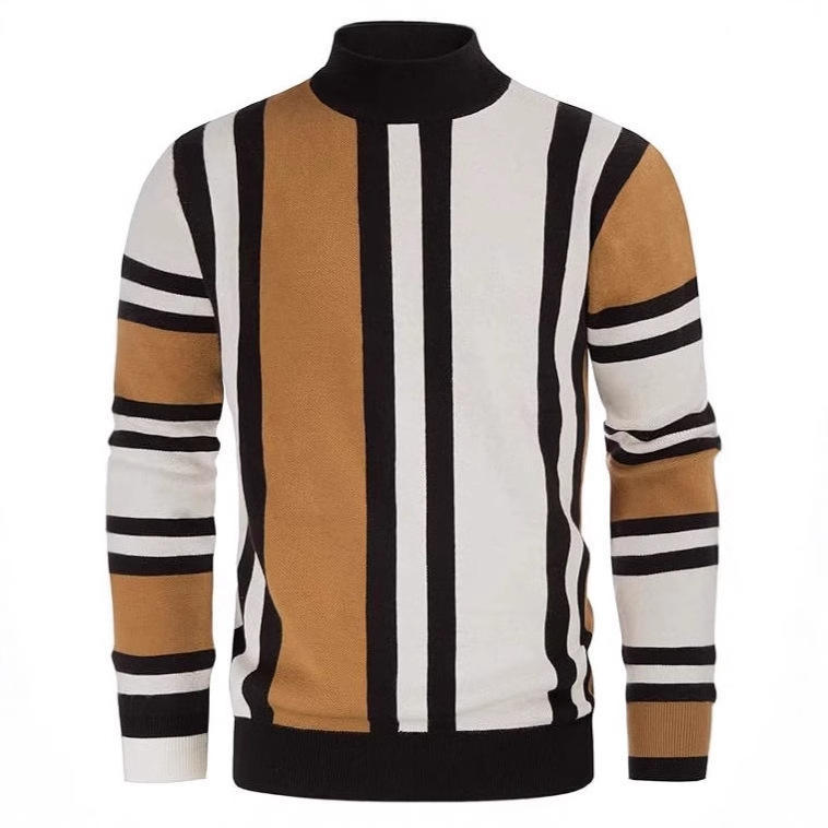 OEM ODM Men’s Geometric Color-Block Mock Neck Sweater