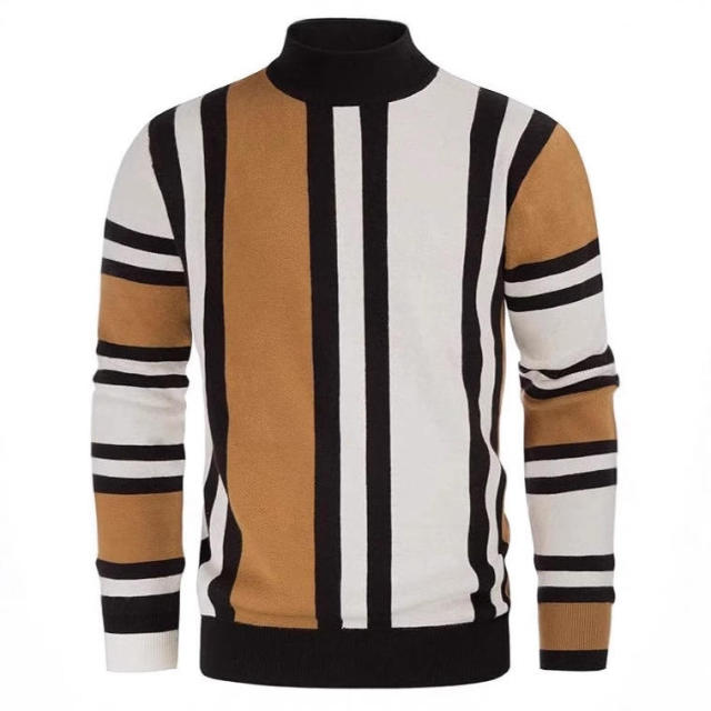 OEM ODM Men’s Geometric Color-Block Mock Neck Sweater