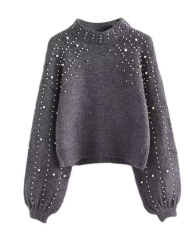 Personalized Women’s Pearl-Embellished Lantern Sleeve Knit Sweater