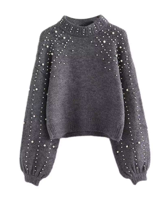 Personalized Women’s Pearl-Embellished Lantern Sleeve Knit Sweater