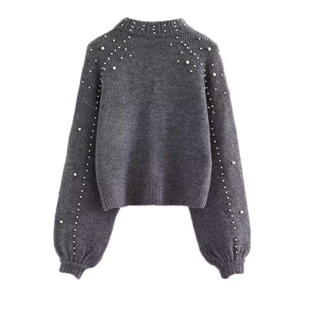Personalized Women’s Pearl-Embellished Lantern Sleeve Knit Sweater
