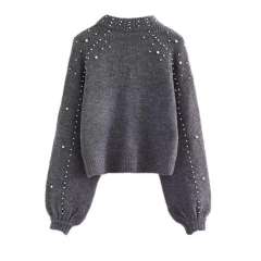 Personalized Women’s Pearl-Embellished Lantern Sleeve Knit Sweater