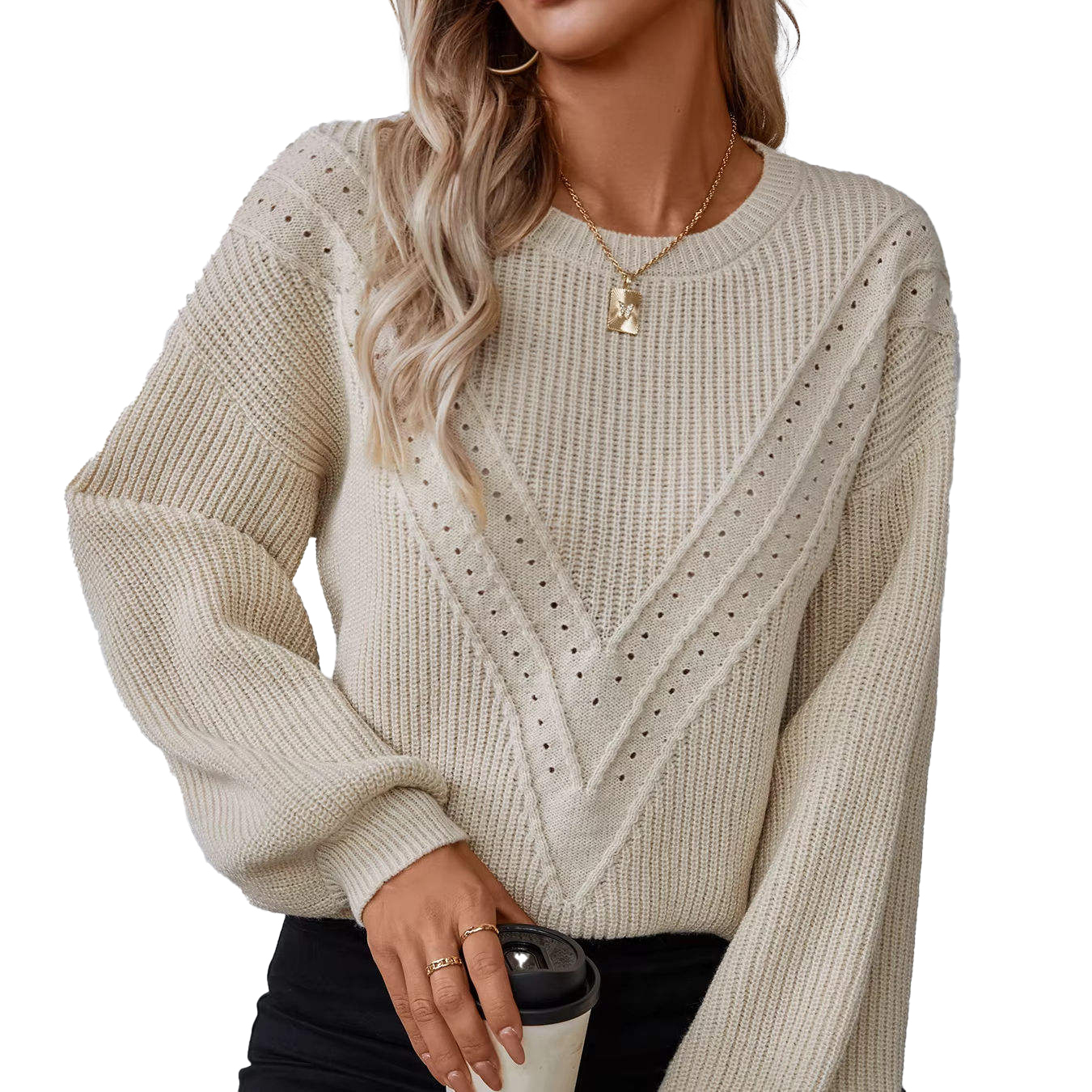 OEM ODM Personalized Women’s Textured V-Pattern Pointelle Knit Sweater