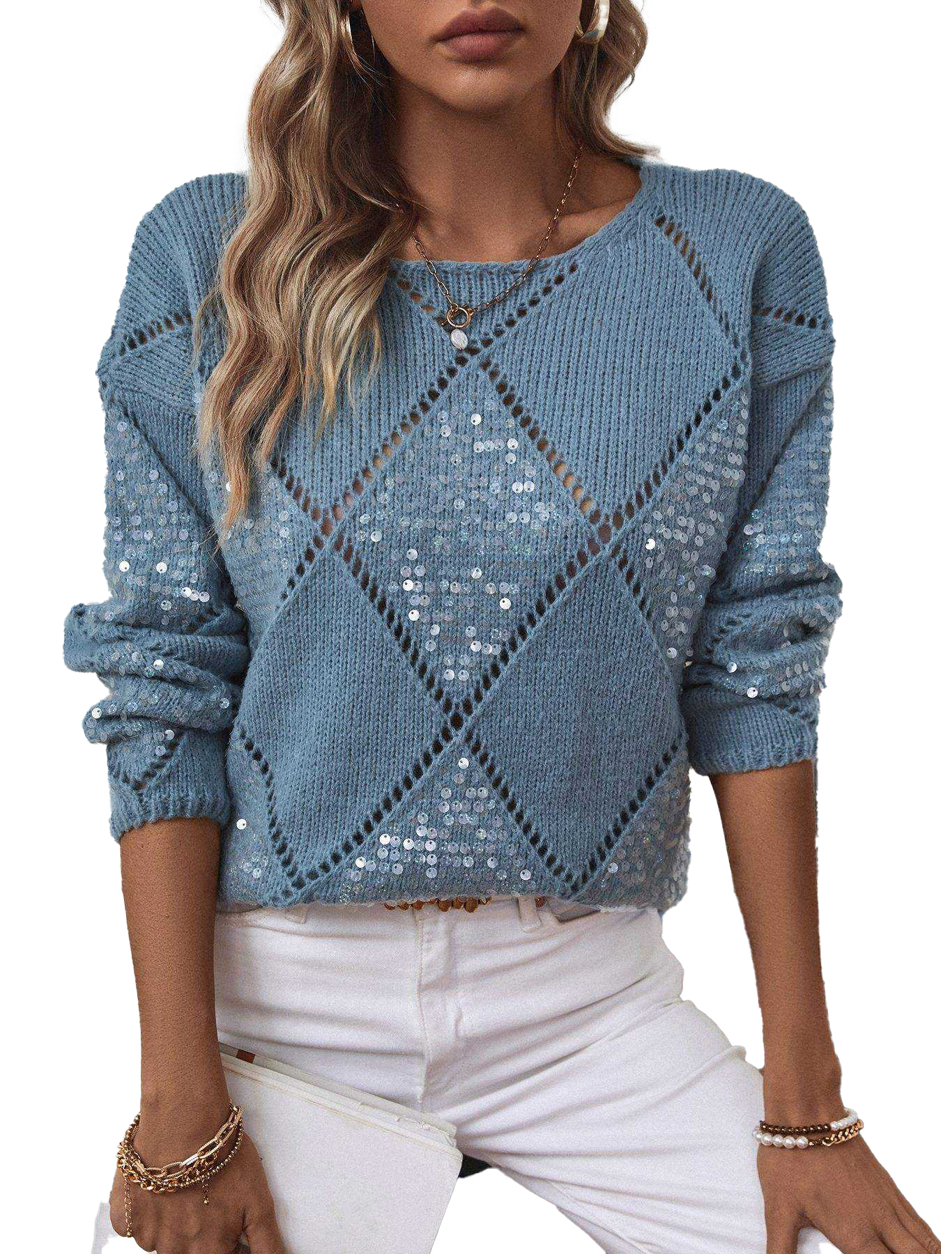 OEM ODM Women’s Diamond Knit Sequin Embellished Sweater