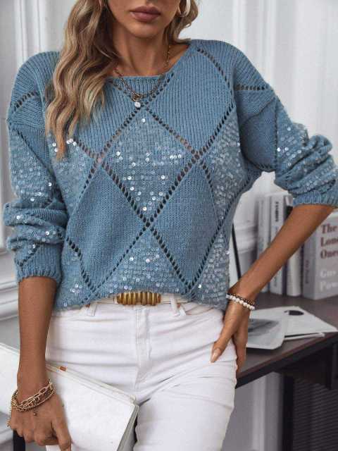 OEM ODM Women’s Diamond Knit Sequin Embellished Sweater