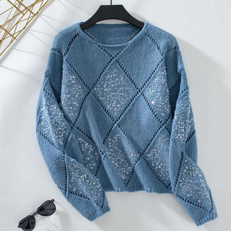 OEM ODM Women’s Diamond Knit Sequin Embellished Sweater