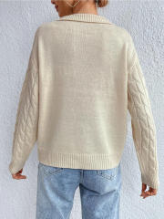 OEM ODM Women’s Cable Knit Collared V-Neck Sweater