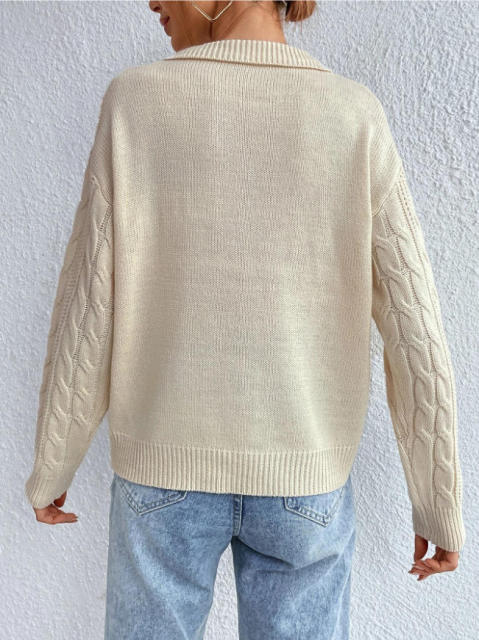 OEM ODM Women’s Cable Knit Collared V-Neck Sweater