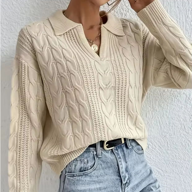 OEM ODM Women’s Cable Knit Collared V-Neck Sweater