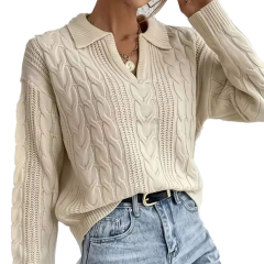 OEM ODM Women’s Cable Knit Collared V-Neck Sweater