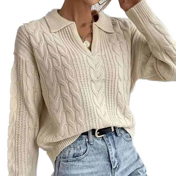 OEM ODM Women’s Cable Knit Collared V-Neck Sweater