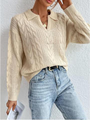 OEM ODM Women’s Cable Knit Collared V-Neck Sweater