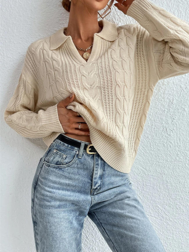 OEM ODM Women’s Cable Knit Collared V-Neck Sweater