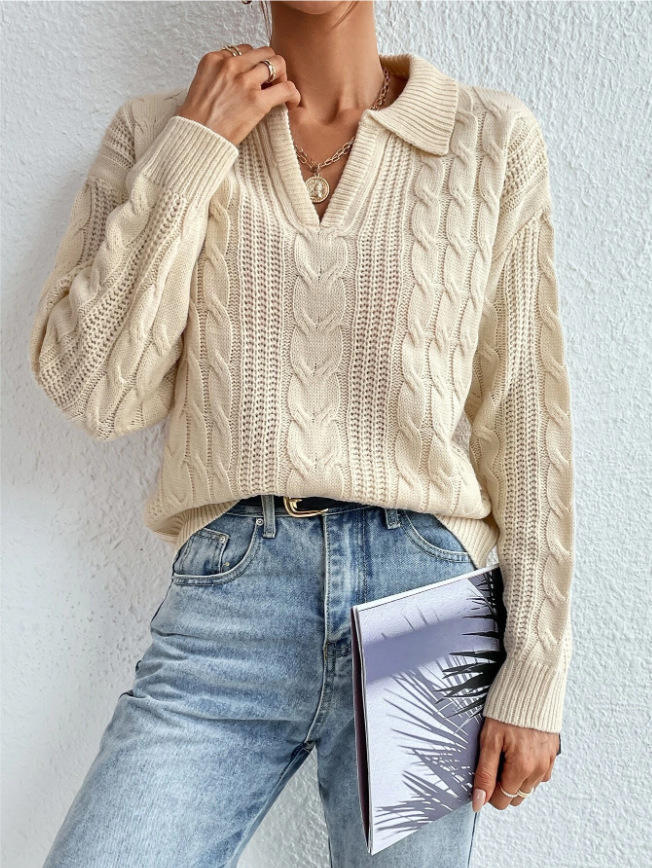 OEM ODM Women’s Cable Knit Collared V-Neck Sweater