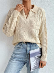 OEM ODM Women’s Cable Knit Collared V-Neck Sweater