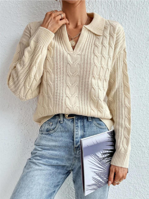 OEM ODM Women’s Cable Knit Collared V-Neck Sweater