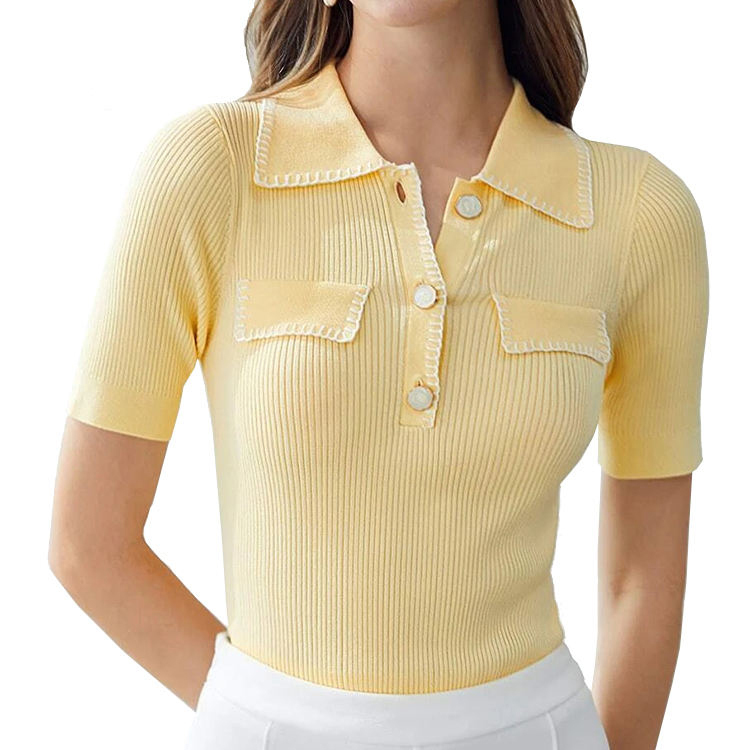 Wholesale Women’s Ribbed Knit Short-Sleeve Polo Top with Contrast Trim