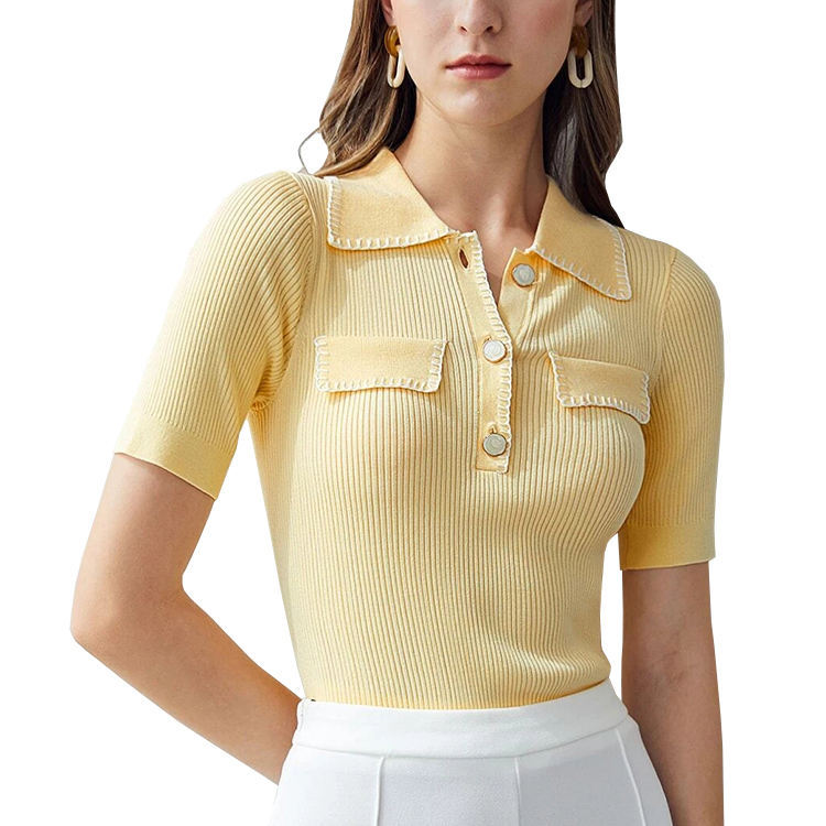 Wholesale Women’s Ribbed Knit Short-Sleeve Polo Top with Contrast Trim